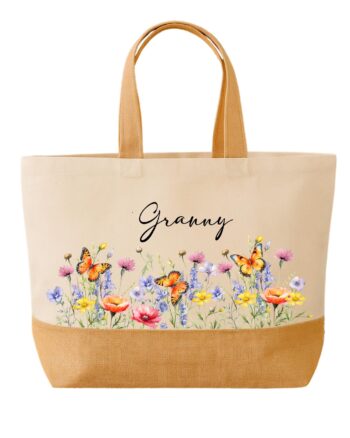 Personalized Floral Butterfly Jute Bag - Grandma Gift Tote