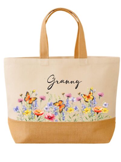 Personalized Floral Butterfly Jute Bag - Grandma Gift Tote