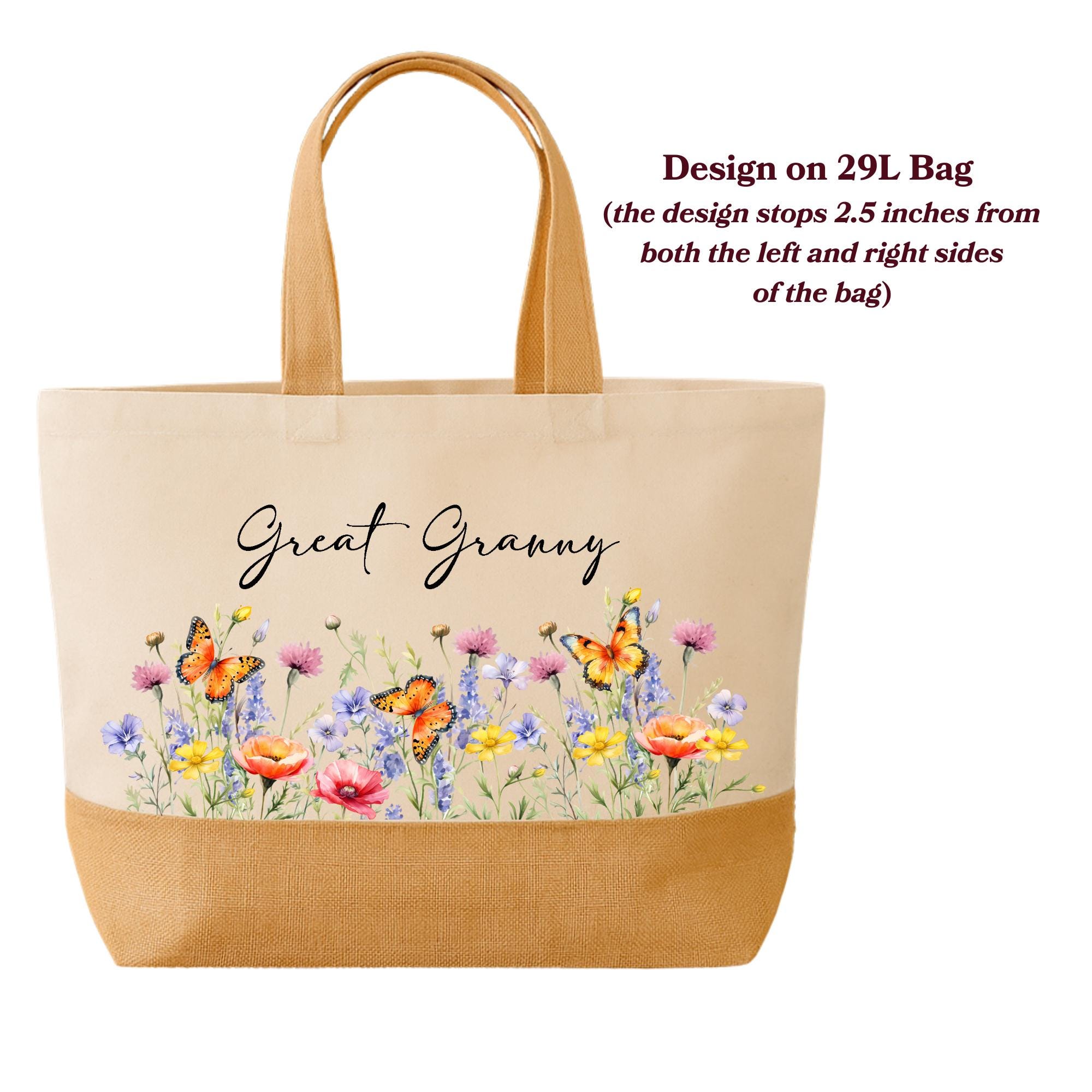 Personalized Floral Butterfly Jute Bag - Grandma Gift Tote - Image 3