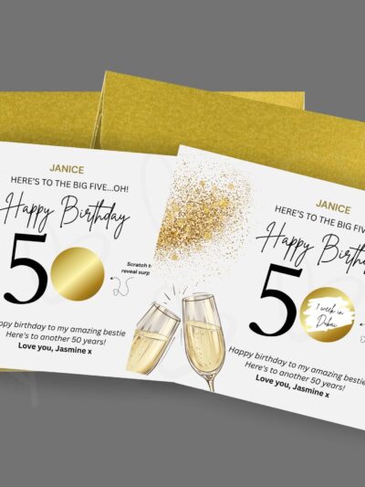 Personalised 50th Birthday Scratch Card | Surprise Trip Reveal | Luxury Gold Birthday Gift for Her | Milestone 50th Birthday Gift