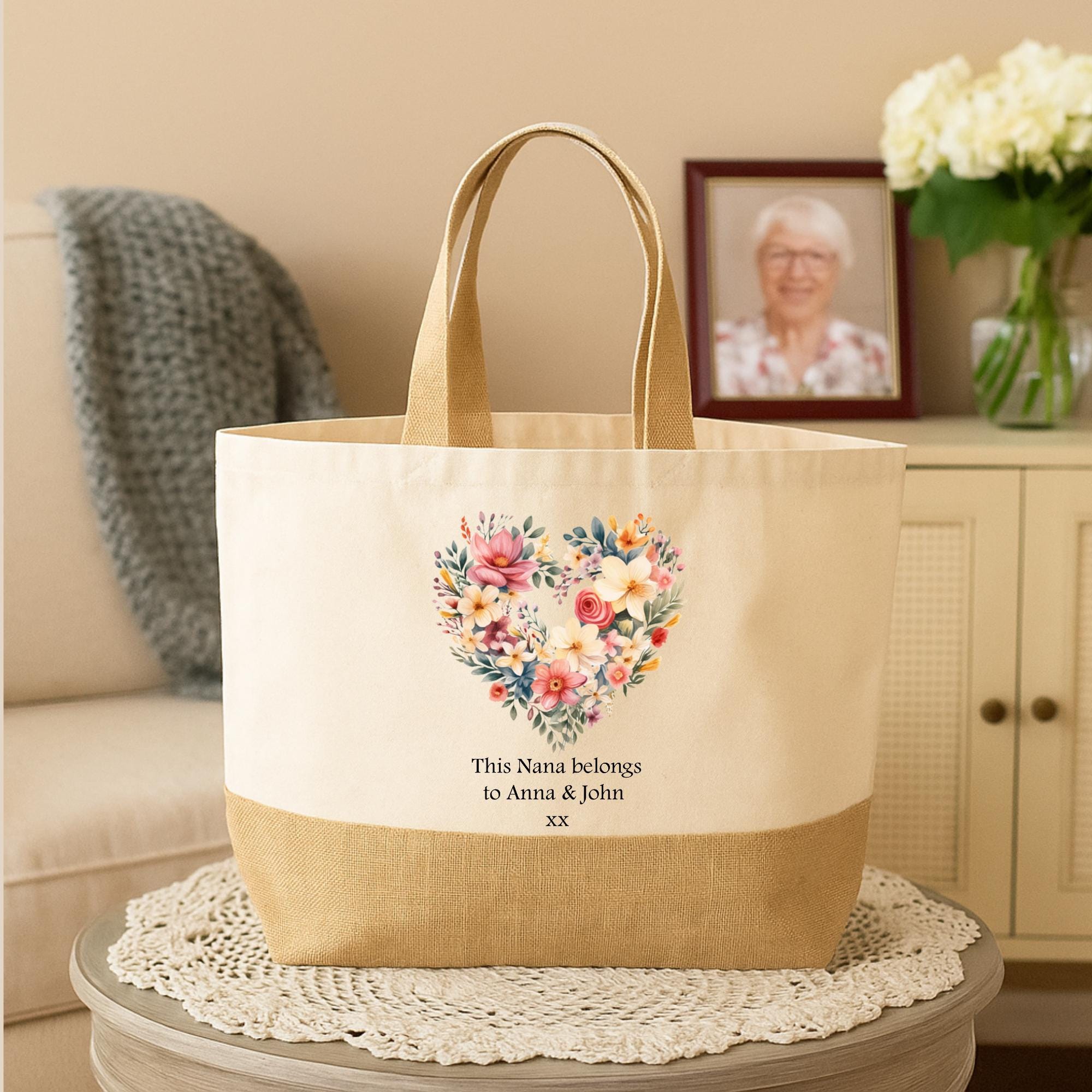 Personalized Floral Heart Tote Bag – Gift for Grandma, Jute Shopper