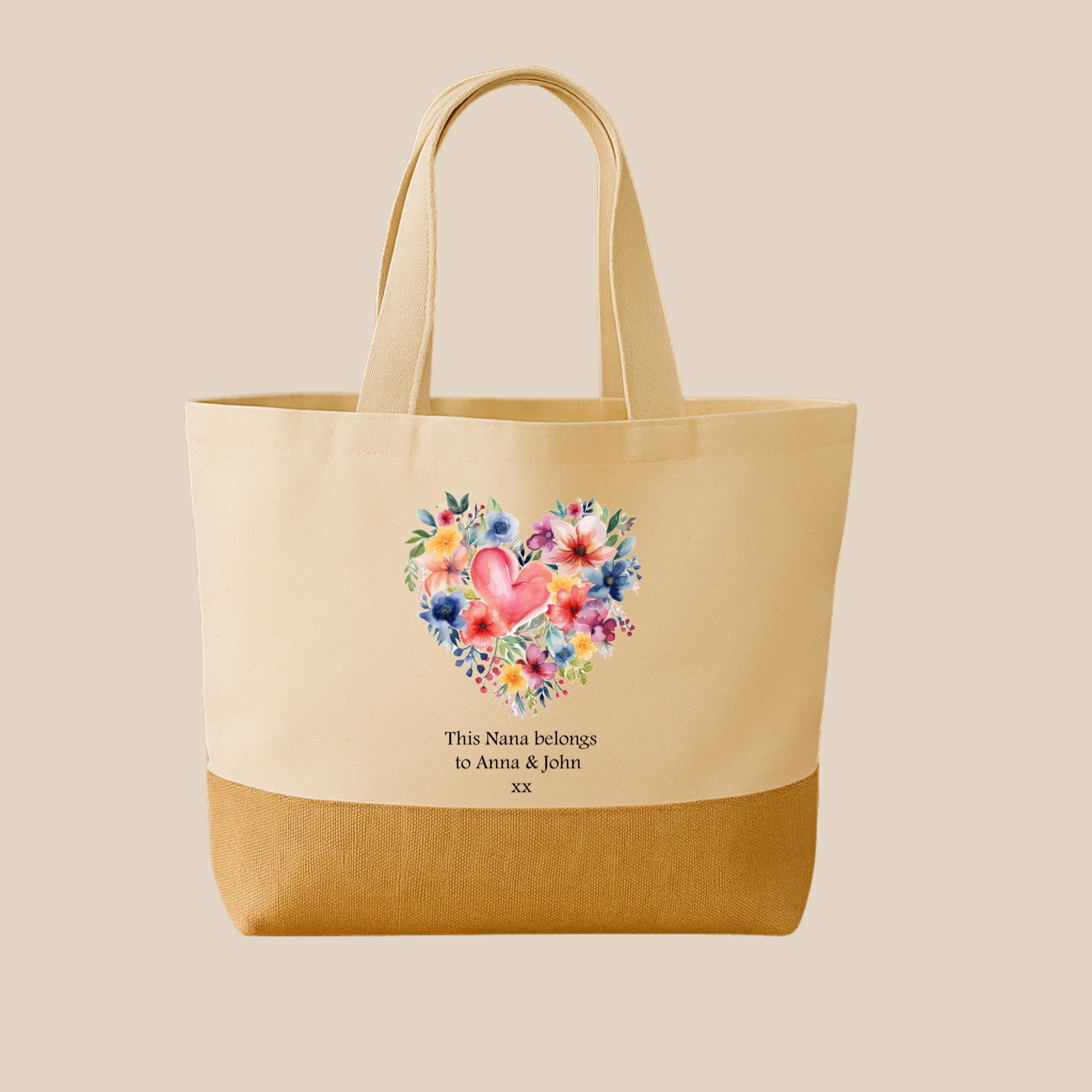 Personalized Floral Heart Tote Bag – Gift for Grandma, Jute Shopper - Image 4