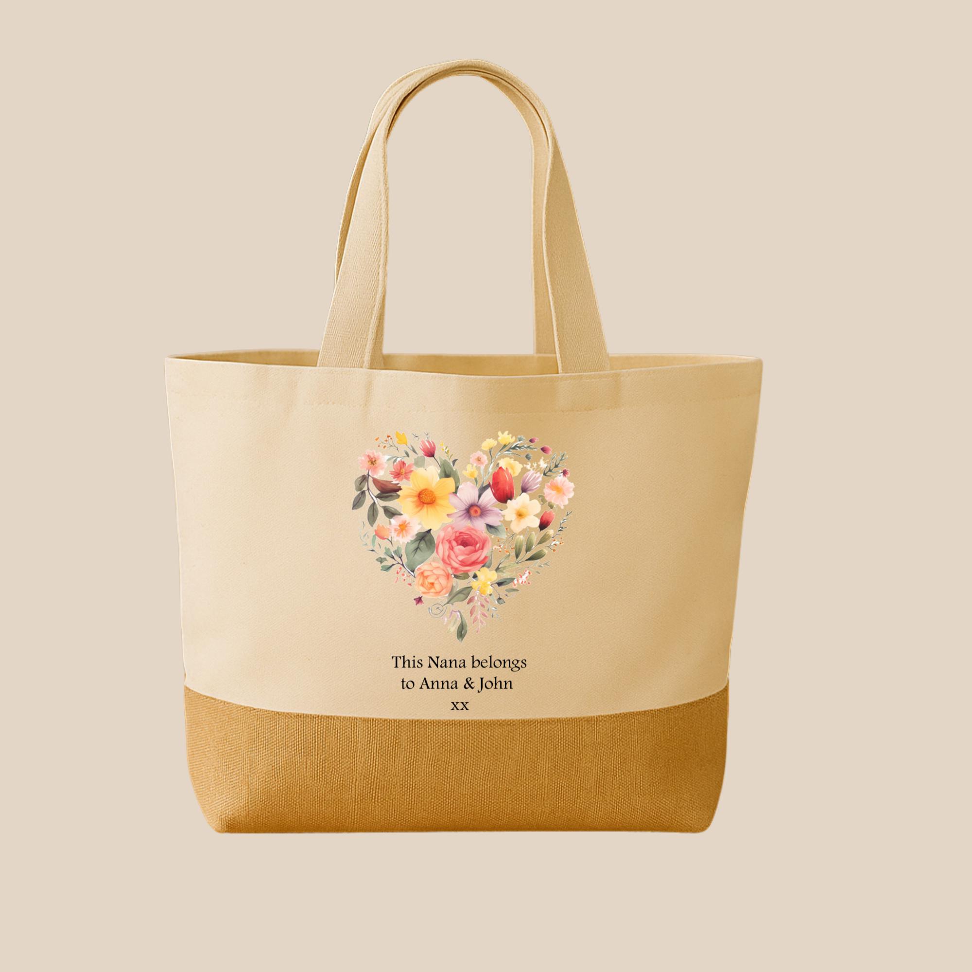 Personalized Floral Heart Tote Bag – Gift for Grandma, Jute Shopper - Image 5