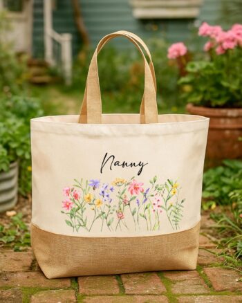 Personalized Floral Tote Bag β Custom Nanny Gift, Jute Canvas