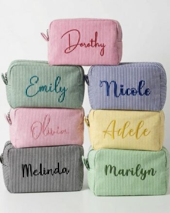 Personalized Seersucker Makeup Bag, Embroidered Name Cosmetic Pouch, Cute Gifts for women