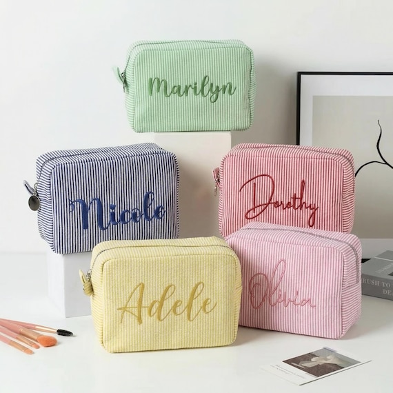Personalized Seersucker Makeup Bag, Embroidered Name Cosmetic Pouch, Cute Gifts for women - Image 2