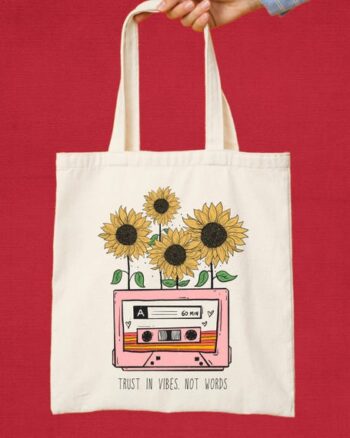 Retro Cassette Sunflower Tote Bag | Trust Vibes Canvas Bag